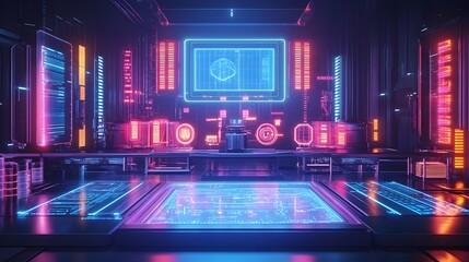 Digital dashboard displaying AI-powered food quality control metrics, floating holograms, vibrant neon, futuristic factory backdrop, 3D rendering, high-tech minimalism