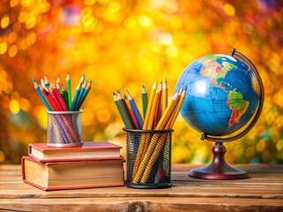 Colorful back to school supplies and educational objects, such as pencils, books, and globes, arranged on a wooden desk, surrounded by vibrant background elements.