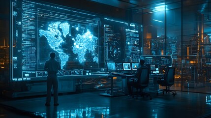 High-tech control room with transparent holographic panels showing food quality metrics, factory floor bustling in the background, operators in ergonomic chairs