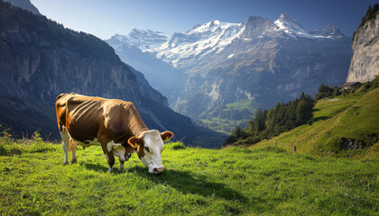 A serene landscape featuring a grazing cow in a lush green meadow with majestic mountains in the background.