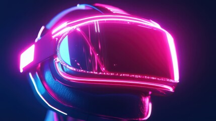 3D glow effect of a neon-lit virtual reality headset with bright, pulsating lights and sleek,