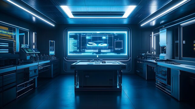 High-tech food factory with automated AI scanners, digital holograms display product quality data, minimalistic design, cold blue lighting, Sci-Fi, Ultra-realism