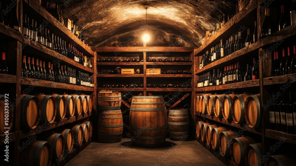 Poster a rustic wine cellar showcasing wooden barrels and shelves filled with a diverse selection of wine b