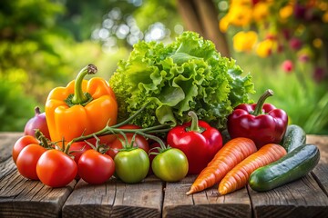 Fresh mix of crisp lettuce, juicy tomatoes, crunchy carrots, and vibrant bell peppers arranged on a rustic wooden table against a warm natural background.