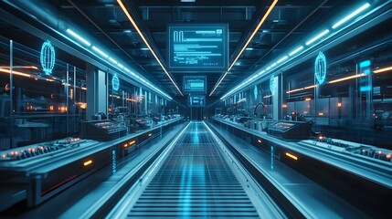 Fototapeta premium Robots conducting final product checks in an ultra-clean, futuristic food factory, holograms displaying efficiency metrics above the conveyor belt