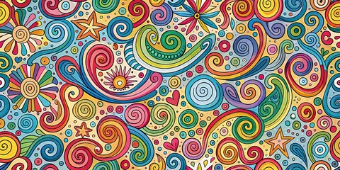 Fototapeta premium Vibrant, whimsical doodle design featuring colorful swirls, curly cues, and playful shapes, creating a fun, imaginative abstract pattern for kids' backgrounds and illustrations.
