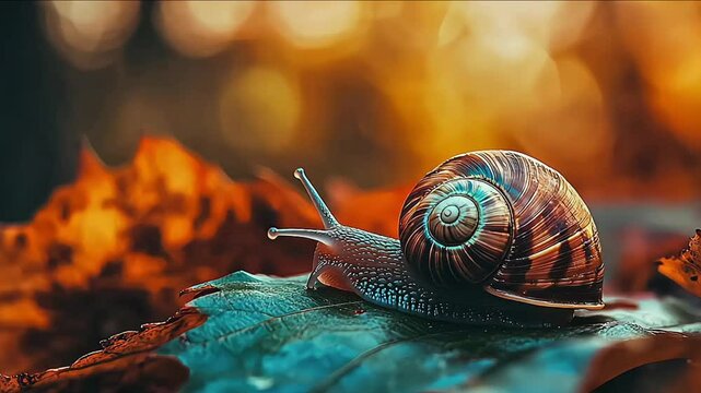 A green leaf serves as the path for the slow movement of a snail