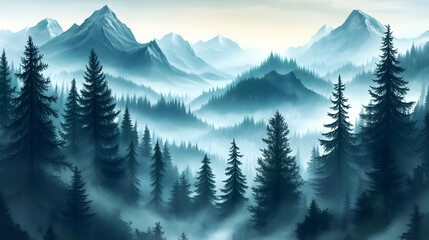 Fototapeta premium A Serene Digital Painting of a Misty Mountain Forest with Tall Pine Trees Reaching for the Sky, Creating a Dreamy Atmosphere