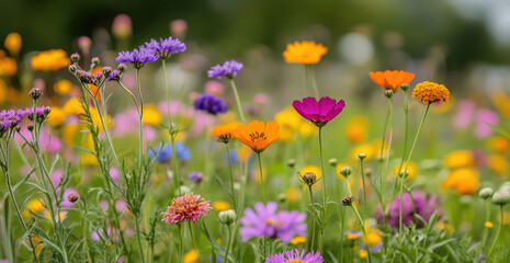 Fototapeta premium Colorful wildflowers in the meadow, blurred background