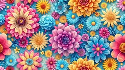 Vibrant floral pattern background featuring stylized blooming flowers in shades of pink, yellow, and blue, created using AI generative algorithm with unique textures.
