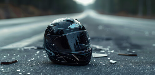 A broken black motorcycle helmet lying on the side of an empty road, suggesting a past accident or potential danger, and emphasizing the importance of safety gear for riders.