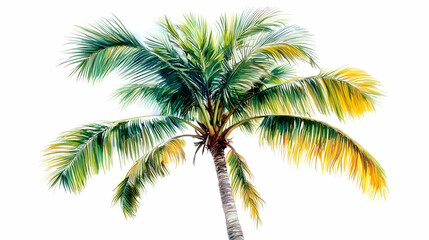 Watercolor Painting of a Palm Tree with Green and Yellow Leaves Against a White Background