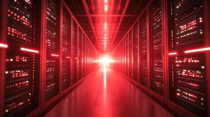 Obraz premium A futuristic server room illuminated by red lights, showcasing rows of data storage units.