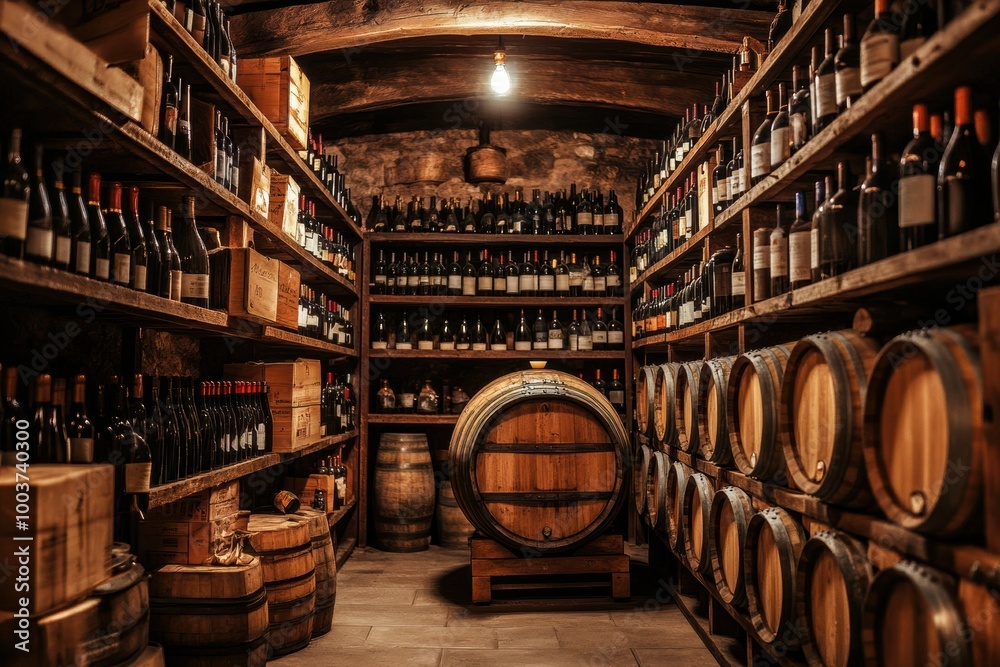 Poster a rustic wine cellar featuring wooden barrels and shelves stocked with fine wine bottles in a dimly 