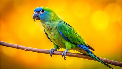 Naklejka premium Vibrant green parrot with bright blue and yellow feathers perched on a branch against a bold yellow background, showcasing its plumage and striking features.