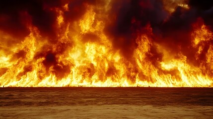 a large, intense fire with bright orange and yellow flames consuming what appears to be a landscape. The flames are towering and spread across the entire width of the image