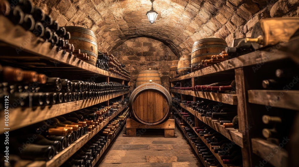 Poster A rustic wine cellar filled with wooden barrels and neatly stacked bottles in a charming underground setting. Generative AI