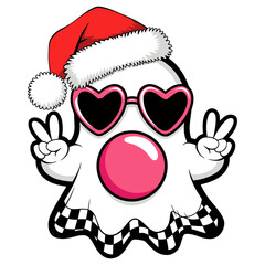 Retro Cute Checkered Ghost Blowing Bubbles Christmas Santa Hat SVG