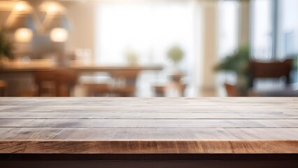 The wood table top on a blurred interior background	