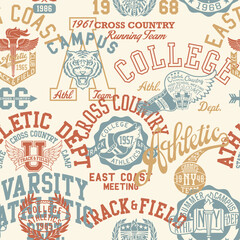 College athletic department badges and symbols patchwork wallpaper vintage vector seamless pattern for sport wear fabric boy kid man shirt 