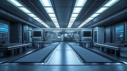 Fototapeta premium State-of-the-art food factory run by AI, with quality control hubs at each stage, automated conveyor belts, and seamless product consistency