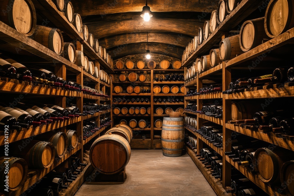 Poster a rustic wine cellar featuring wooden barrels and shelves brimming with assorted wine bottles. gener