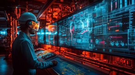 Fototapeta premium A futuristic control room where operators use holograms to review real-time food quality data from the factory floor