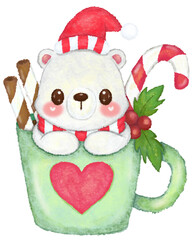 christams concept is polar bearbear wears a red and white scarf and hat, placed in a mug with candy inside.