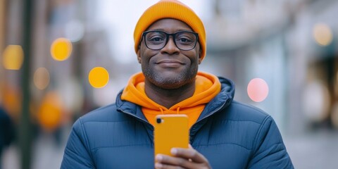 A black man in his thirties wearing glasses and an orange hoodie, with dark blue jacket is holding phone to make video call on the street