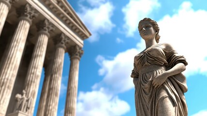 Fototapeta premium A detailed statue stands in front of classical columns under a blue sky, showcasing artistry and architectural grandeur.