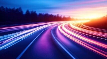 A highway with a sunset in the background. The road is illuminated by the sun's rays, creating a beautiful and serene atmosphere