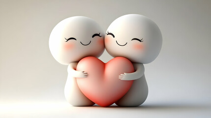 Two Smiling Cartoon Characters Embracing a Big Red Heart in a 3D Illustration
