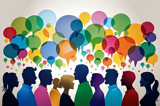 Diverse colorful thinking and speech bubbles surrounding a panoramic banner of silhouetted community members' heads, representing dynamic team collaboration and effective communication.