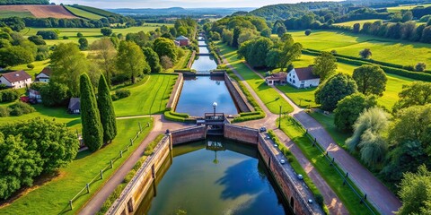 canal lock, serene, transportation, A stunning aerial view of Maunsel Lock a canal lock located on the Bridgewater and Taunton Canal surrounded by lush greenery and peaceful waters