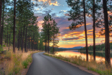 Fototapeta premium A serene winding road lined with tall trees, leading to a tranquil lake, under a colorful sunset sky.