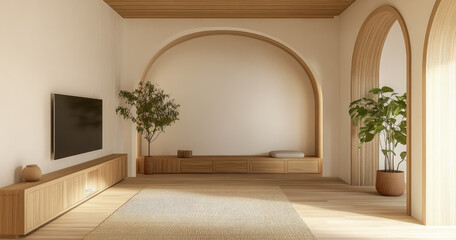 A minimalist living room with light wood floors, white walls, and an arched window.