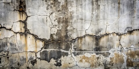 Fototapeta premium Weathered concrete wall texture with deep cracks and scratches forming an abstract pattern, evoking a sense of age and decay, in a striking black and white palette.