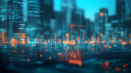 Abstract Digital Cityscape with Glowing Lines and Data Visualizations