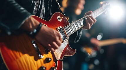 Obraz premium Musicians Playing Guitars on Stage in Vibrant Atmosphere