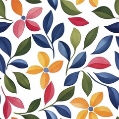 A vibrant floral pattern featuring a mix of colorful flowers and leaves on a white background.