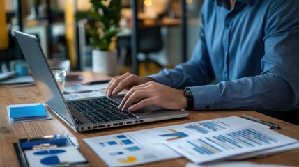 A person working on a laptop surrounded by documents and a plant.