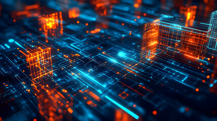 Obraz premium Abstract 3D Illustration of a Circuit Board with Glowing Orange and Blue Lines