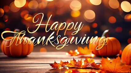 Close up of pumpkin with maple autumn leaves on wooden table, falling bokeh background, and gold happy thanksgiving greeting text
