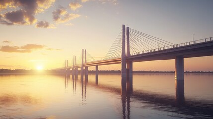 Obraz premium Serene Sunset Over a Modern Suspension Bridge