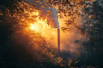 Smoke from industrial chimney in forest at sunset