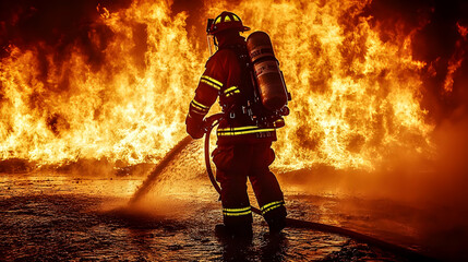 Firefighter Battles Blaze with Water Hose,  Dangerous and Intense Action