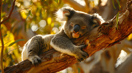 Fototapeta premium A koala sleeping peacefully in a lush eucalyptus tree, surrounded by green leaves and branches.