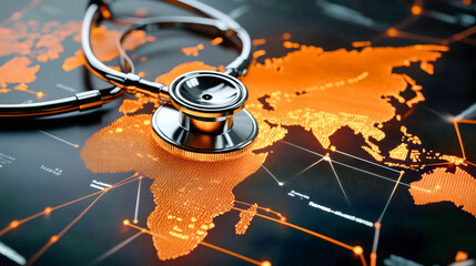Stethoscope rests on a digital world map highlighting the intersection of healthcare and global health challenges in a vibrant orange and black design