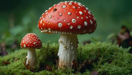 Fototapeta premium Close-up of Amanita muscaria mushrooms growing on forest floor with green moss
