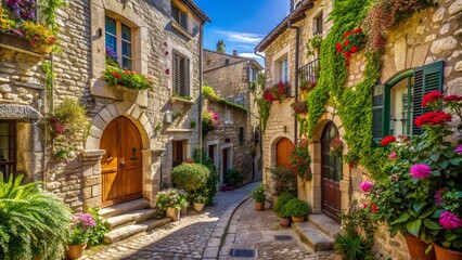 Fototapeta premium Narrow cobblestone streets wind through medieval architecture in Saint-Paul-de-Vence, France, with ancient stone buildings, rustic doors, and overflowing flower boxes beneath blue sky.